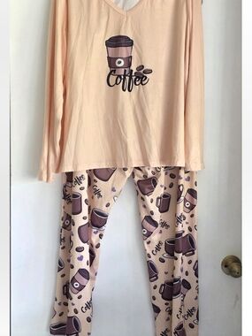 Peach Coffee-Print Pajama Set 1x